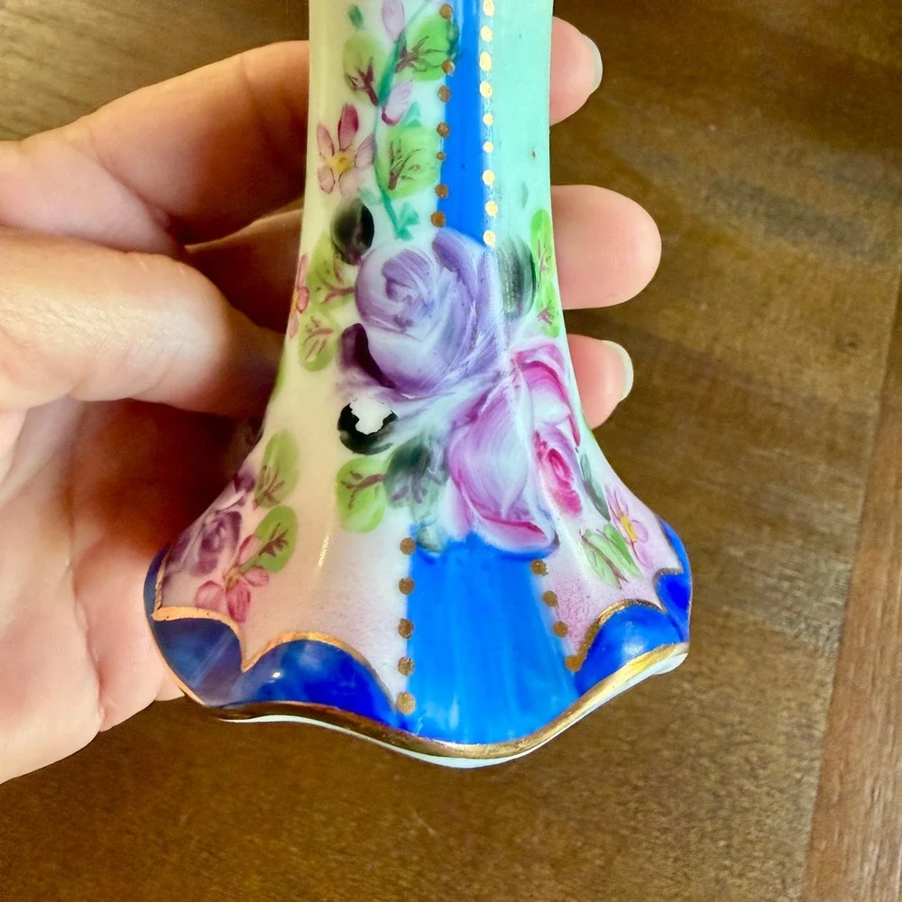 Vintage Hand Painted Nippon Floral Porcelain Hatpin Holder Cobalt Blue Gold Trim